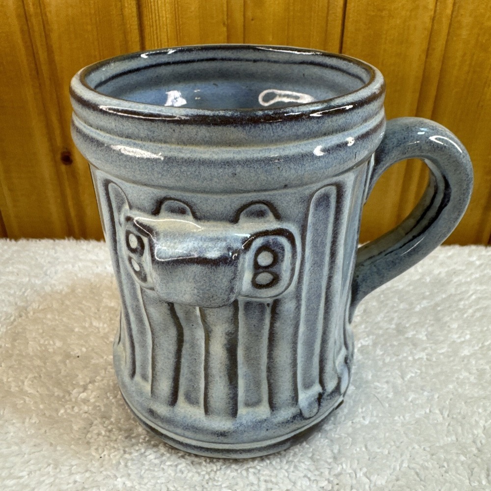 Redware Clay Glazed Dented Trash Can Coffee Tea Mug Cup Light Blue Grey